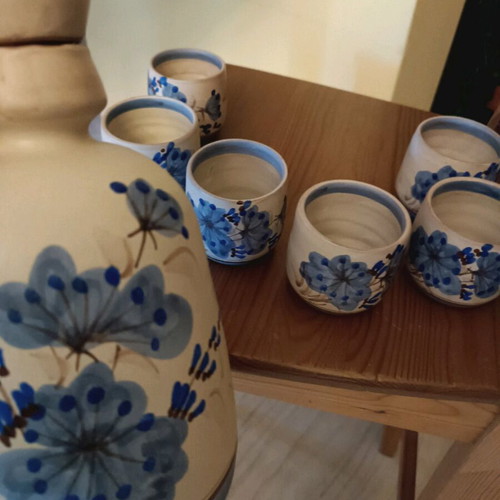 Ceramic jug with cups like new, hand-painted set