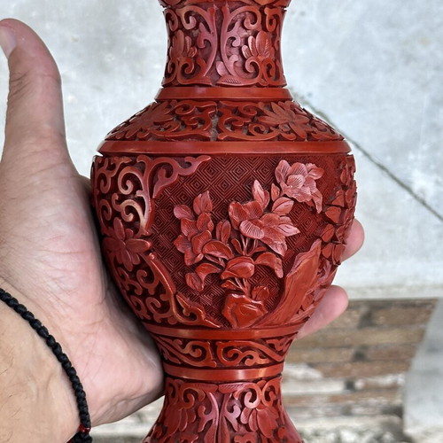 Vintage red carved vase with embossed flowers used, 19cm