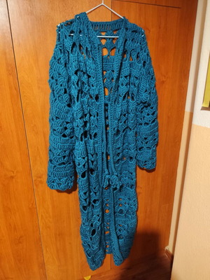 Knitted long wool cardigan handmade blue new