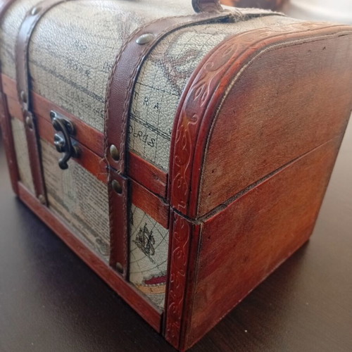 Globe-themed wooden and leather chest like new