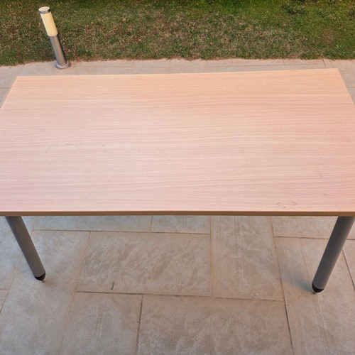 Dromeas desk with wheels used, light wood surface and metal frame