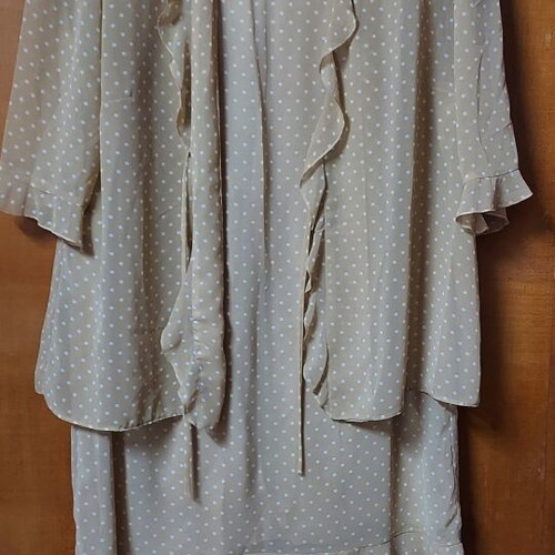 Skirt and short-sleeve jacket set polka dot beige white like new, size 50