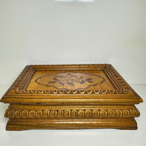 Vintage handmade wooden jewelry box used with carved floral marquetry