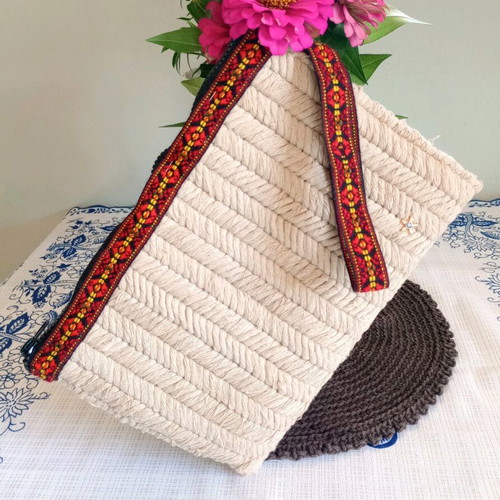Large handmade clutch bag new with traditional ribbon, beige multicolor