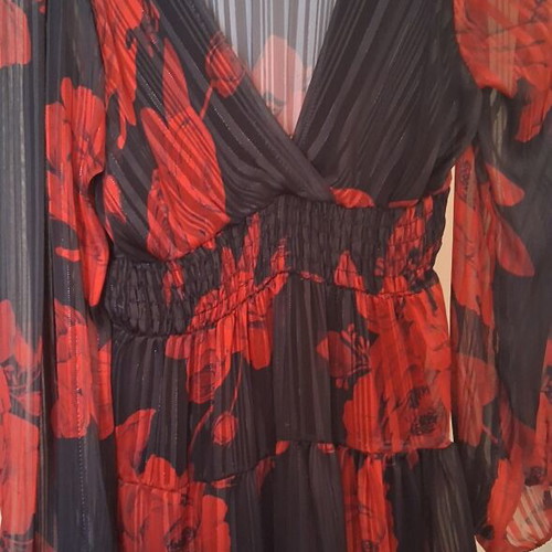 Dress like new, size S/M, black with red flowers, transparent back and sleeves