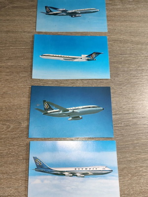 Olympic Airways cards used, 4 pieces with Boeing 707-727-737/747/200 B Jumbo Jet