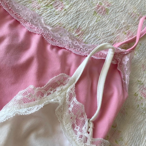 Set of 2 cotton bodysuits pink and white with lace edges new