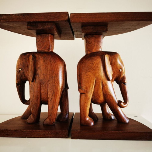 Handmade wooden carved elephant figurines set of 2 like new