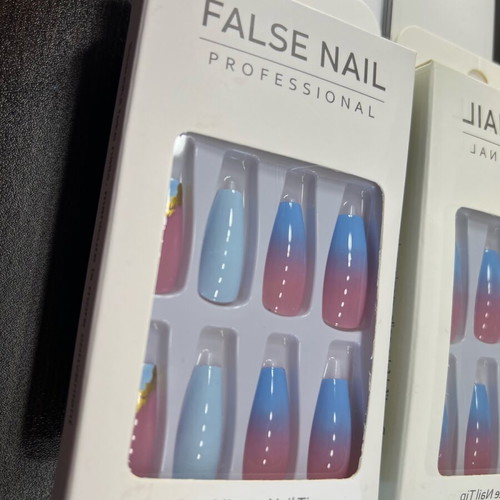 False nails new blue with design, with file and stickers