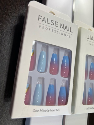 False nails new blue with design, with file and stickers