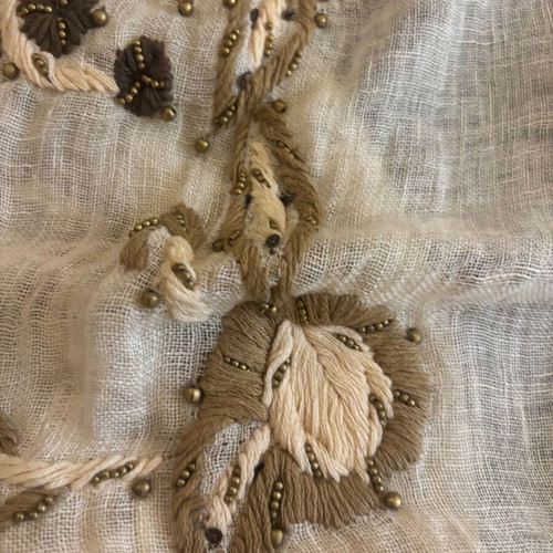 Massimo Dutti Linen Scarf with Embroidery new, beige and gold