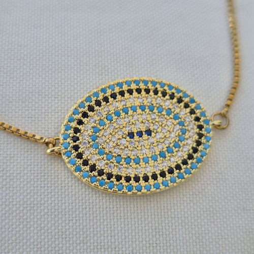 Gold Bracelet with Oval Evil Eye Motif, New, Blue and Gold