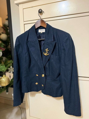 Vintage linen blazer Greek designer like new, size S, blue with gold details