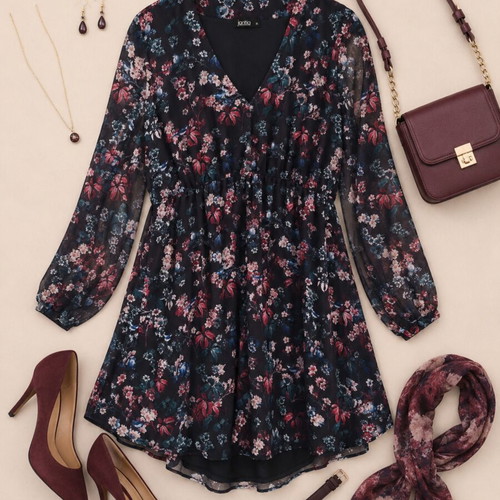 Floral dress like new, flared with long sleeves, size L