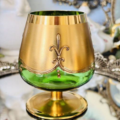 Vintage set of 6 green crystal glasses with gold decoration
