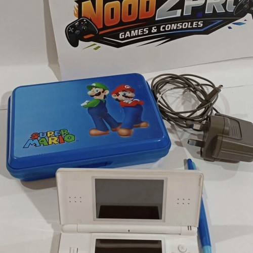 Nintendo DS Lite White used with Super Mario case and charger