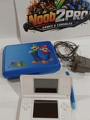 Nintendo DS Lite White used with Super Mario case and charger