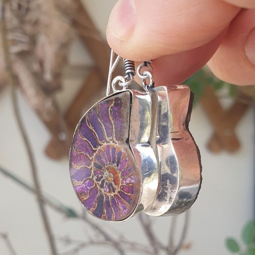 Silver Plated Earrings with Colorful Ammonite Design and Dichroic Glass