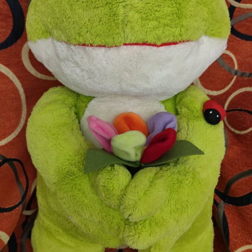 Large Plush Frog like new, soft velvet fabric, holding flowers
