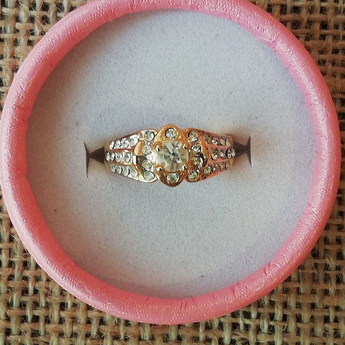Gold-plated steel ring with clear zirconia new