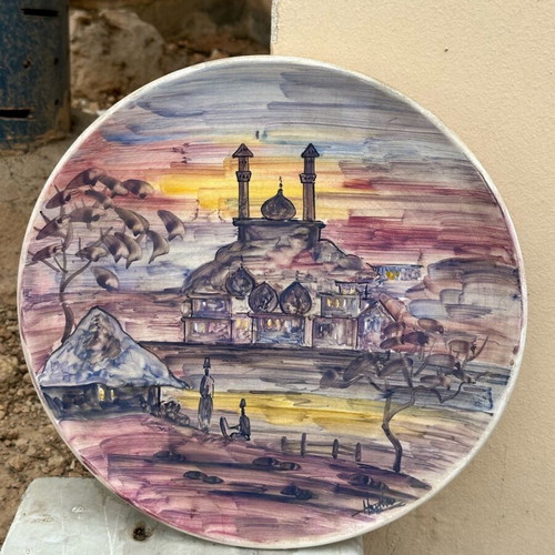 Handmade decorative plate with oriental landscape used, vintage