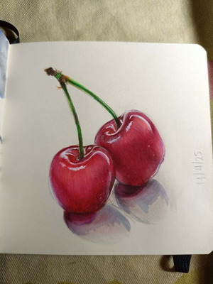 Ζωγραφιά Κερασάκια σε mini sketchbook σαν καινούργιο