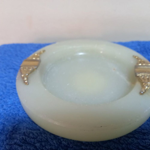 Agate stone decorative set used, brass details, two pieces