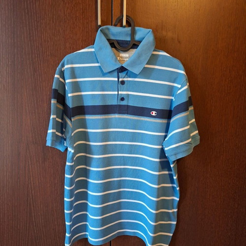 Champion Polo Shirt Easy Fit Size L Light Blue Striped Like New