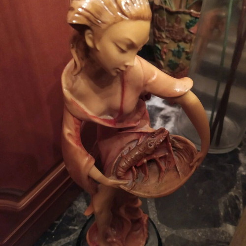 Decorative statue woman with lobster used, height 50 cm