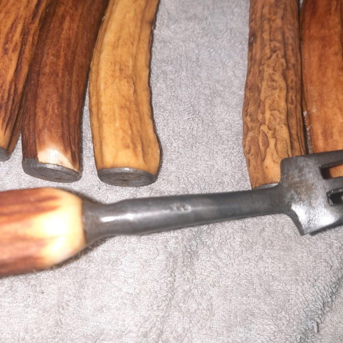 Lund collectible cutlery used, stag handle, 1840 era, 12 forks 7 steel knives