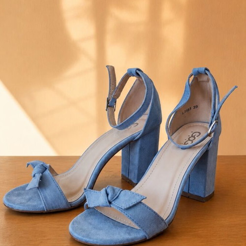 GoGo Shoes blue castor sandals with removable bow and block heel