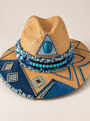 Turquoise Armor χειροποίητο καπέλο Παναμά με καρφιά και μπλε γεωμετρικά σχέδια