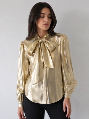 Self-Portrait Gold Metallic Bow Blouse, new with tags