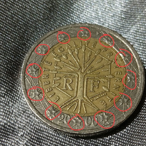 French 2 euro coin used, 2000 minting with errors