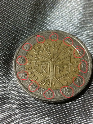 French 2 euro coin used, 2000 minting with errors