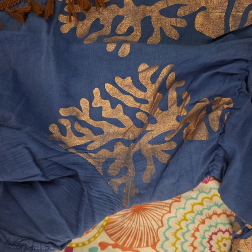 Blue dress with brown tassels like new, cotton, bronze prints