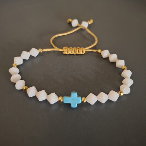 Bracelet with white beads and turquoise cross, adjustable