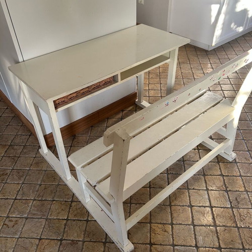 Children's desk with integrated bench used, solid wood