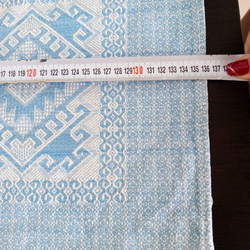 Woven Jacquard Tablecloth used, blue with geometric vintage cotton design
