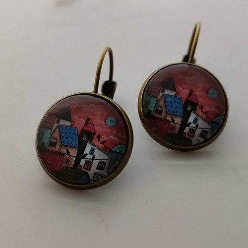 Handmade earrings with painted landscape, like new
