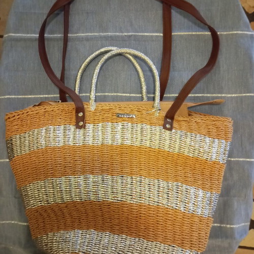 Straw Handbag and Shoulder Bag like new, silver cord detail