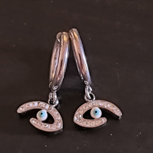 Stainless Steel Hoop Earrings with Hanging Evil Eye and Zirconia