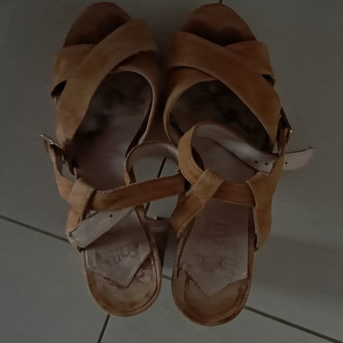 Minimal high-heeled sandals with ankle strap used, brown, size 39