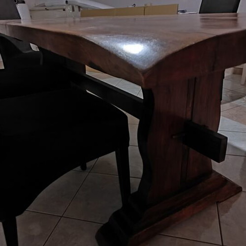 Monastic dining set with solid wood table and 6 fabric chairs, like new