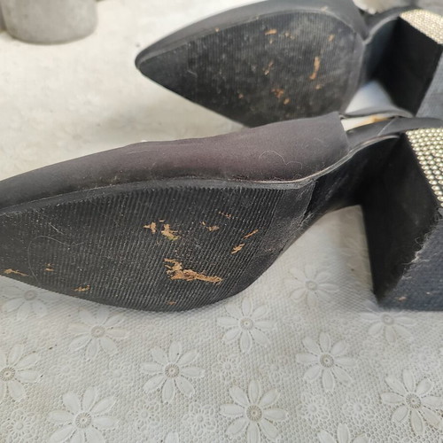 Only black satin slingback heels with gold studs, size 38