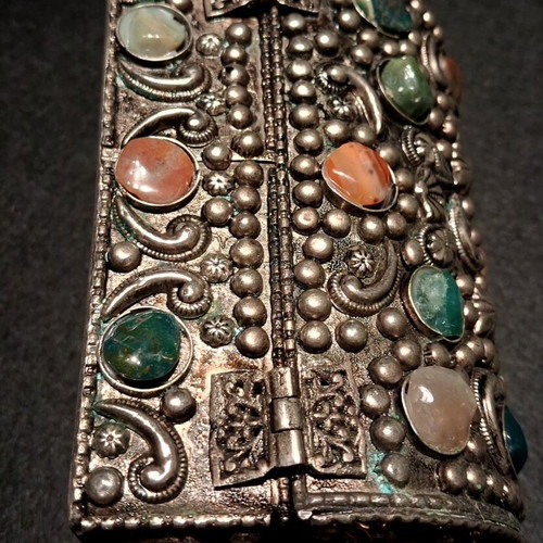 Vintage Moroccan Handmade Jewelry Box with Natural Semi-Precious Stones