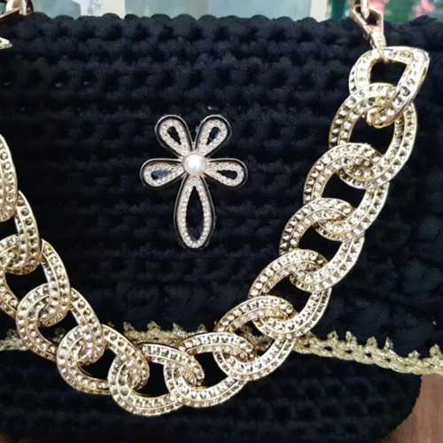Knitted handmade bag new, black with gold details