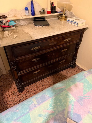 Antique carved wardrobe, used dresser with marble top and étagère