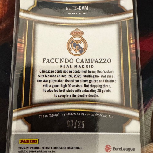 2025-26 Select EuroLeague Top Shelf Auto Facundo Campazzo card