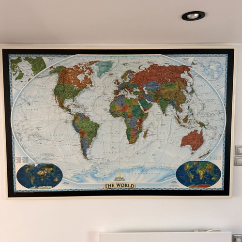 World map used, framed 1.89 x 1.25 m